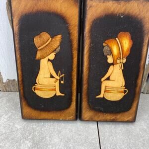 Vintage Kitsch Wood Plaques Boy & Girl On Potties Wood Wall Art Set Of 2